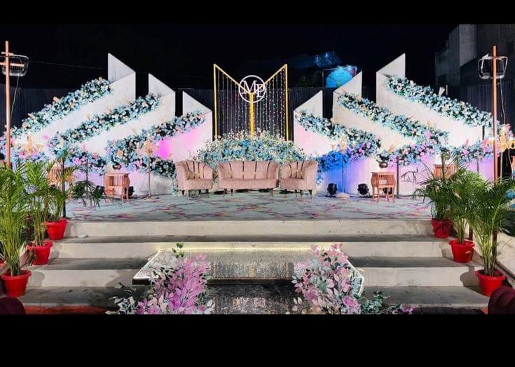 Blue white floral stage wedding